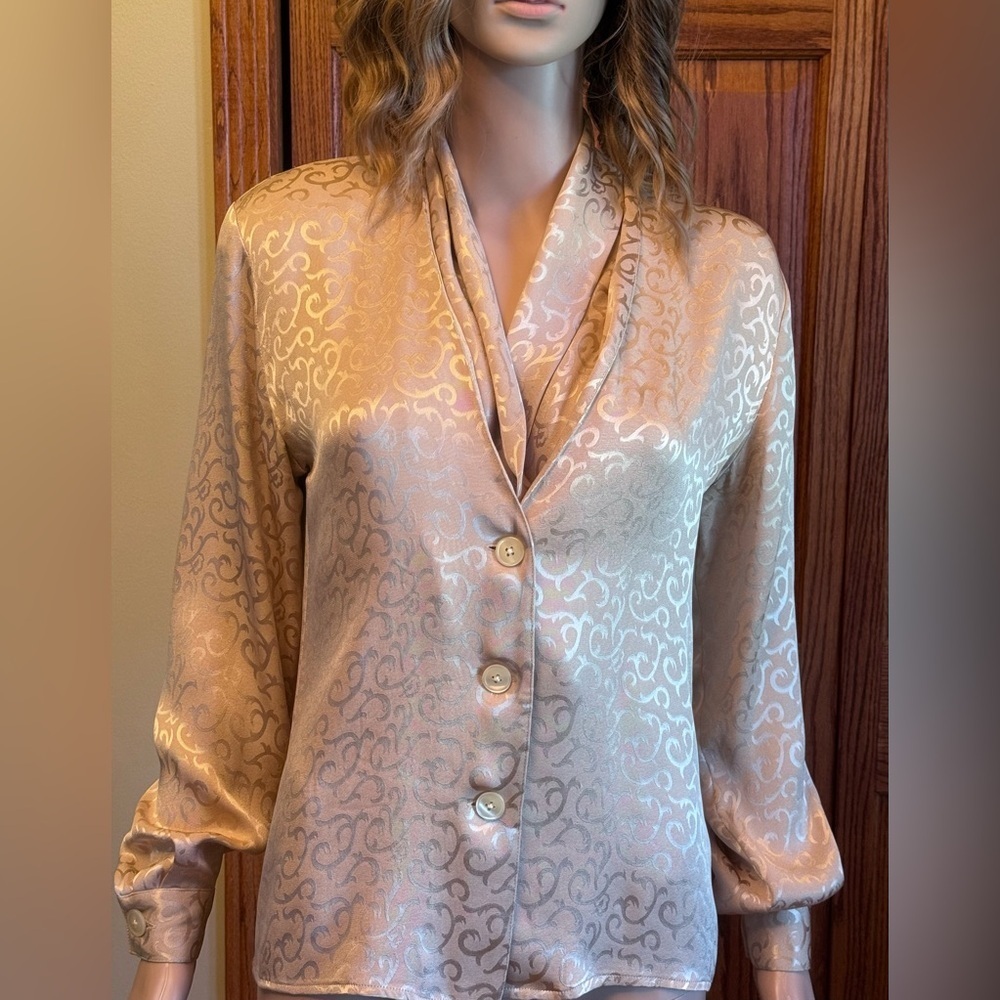 Vintage Christian Dior Beige Size 2 Jacquard Silk Blouse Authenticated